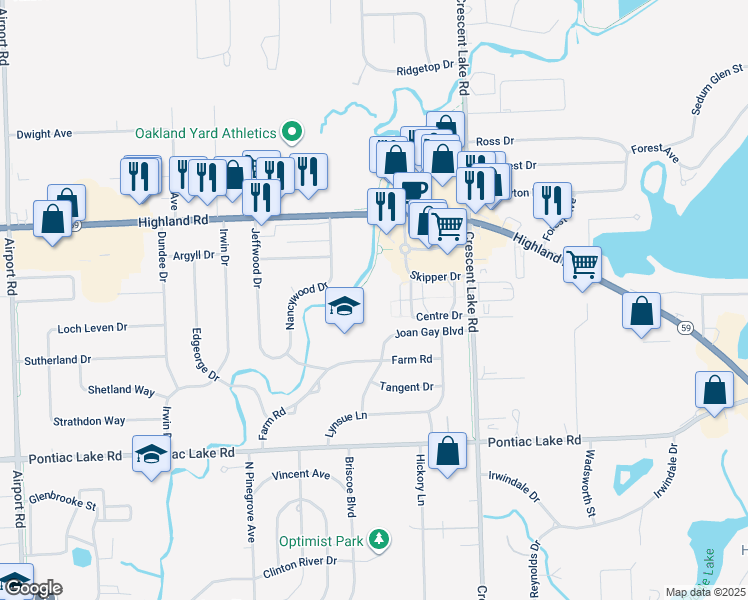 map of restaurants, bars, coffee shops, grocery stores, and more near 5280 Farm Road in Waterford Township