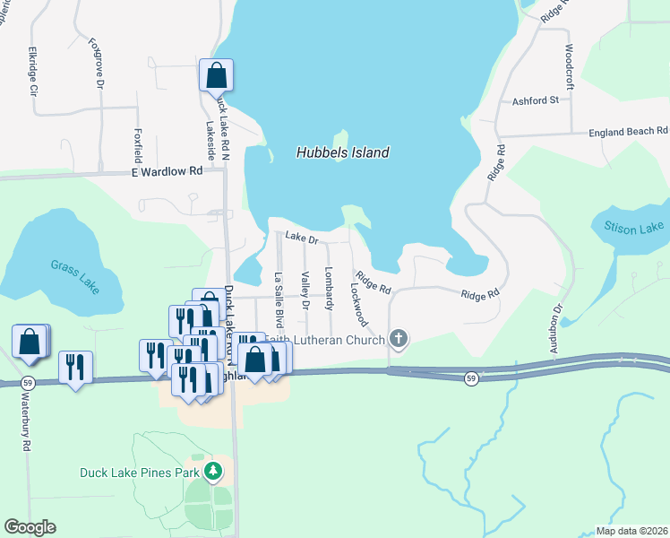map of restaurants, bars, coffee shops, grocery stores, and more near 1727 Lombardy in Highland Charter Township