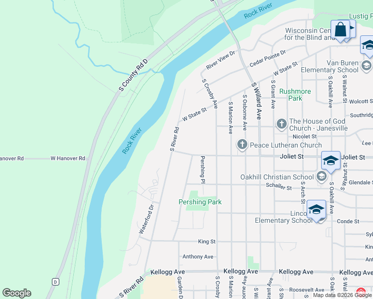 map of restaurants, bars, coffee shops, grocery stores, and more near 2812 Joliet Street in Janesville