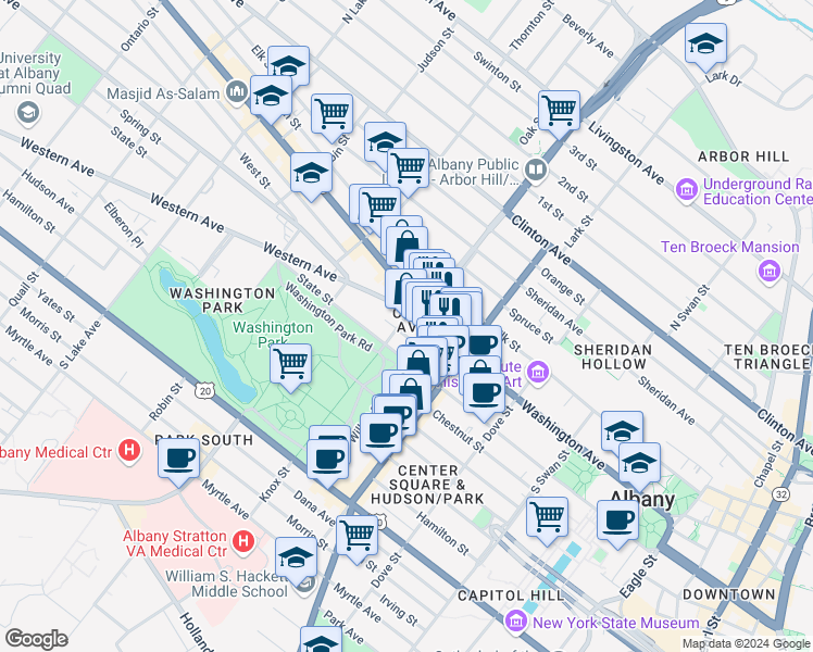 map of restaurants, bars, coffee shops, grocery stores, and more near 90 Spring Street in Albany