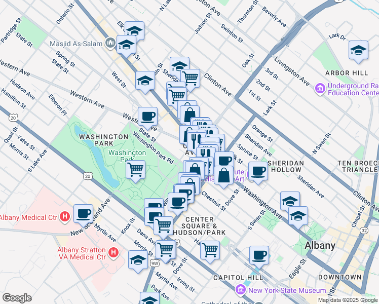 map of restaurants, bars, coffee shops, grocery stores, and more near 260 Washington Avenue in Albany