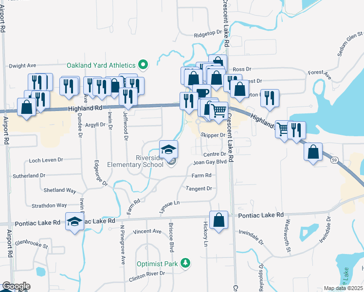 map of restaurants, bars, coffee shops, grocery stores, and more near 1407 Skipper Drive in Waterford Township