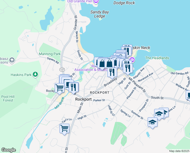 map of restaurants, bars, coffee shops, grocery stores, and more near 48A-C Main Street in Rockport