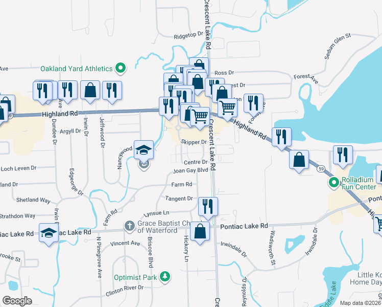 map of restaurants, bars, coffee shops, grocery stores, and more near 5108 Joan Gay Boulevard in Waterford Township