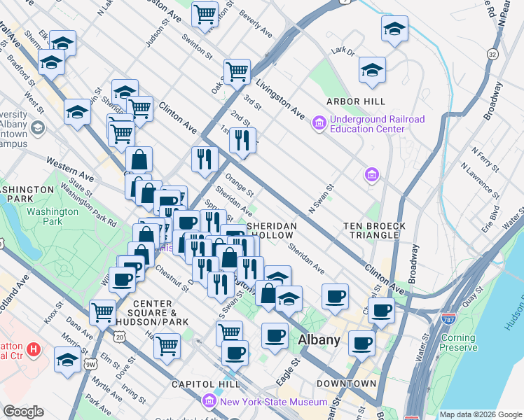 map of restaurants, bars, coffee shops, grocery stores, and more near in Albany