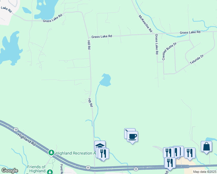 map of restaurants, bars, coffee shops, grocery stores, and more near 1850 Hill Road in White Lake charter Township