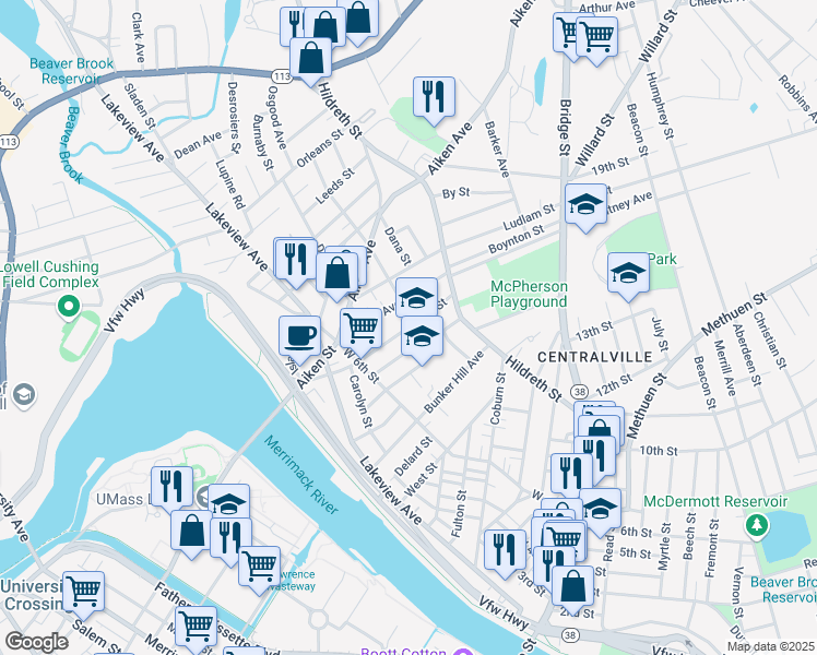 map of restaurants, bars, coffee shops, grocery stores, and more near 149 Ennell Street in Lowell