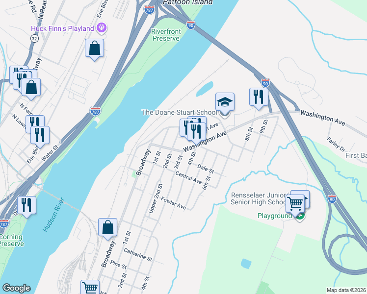 map of restaurants, bars, coffee shops, grocery stores, and more near 1638 3rd Street in Rensselaer