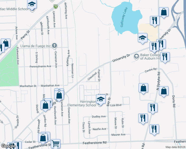 map of restaurants, bars, coffee shops, grocery stores, and more near 1143 Chestnut in Pontiac