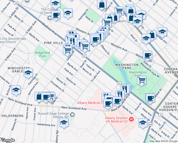 map of restaurants, bars, coffee shops, grocery stores, and more near 373 Morris Street in Albany