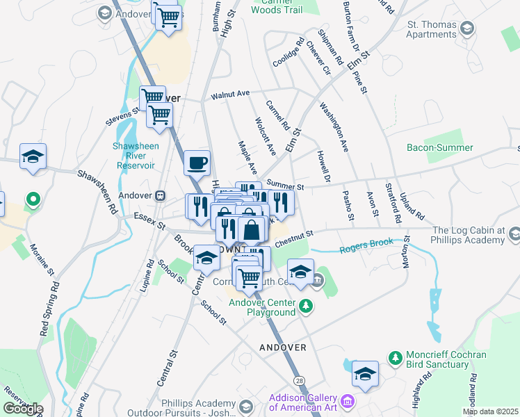 map of restaurants, bars, coffee shops, grocery stores, and more near 34 Park Street in Andover
