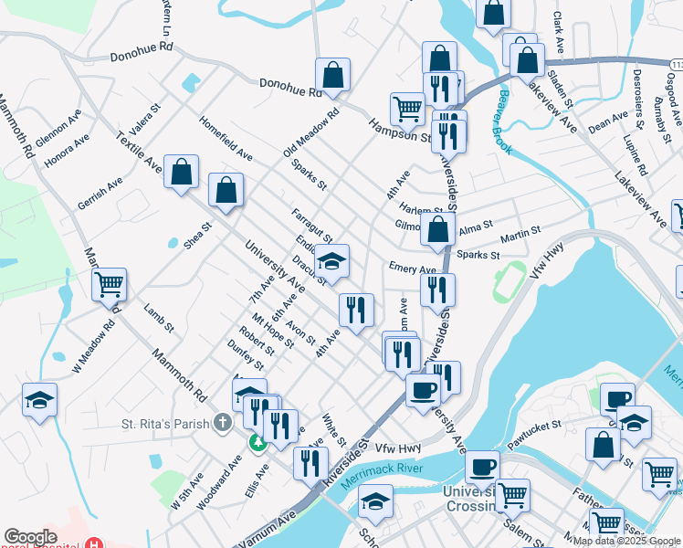 map of restaurants, bars, coffee shops, grocery stores, and more near 245 University Avenue in Lowell