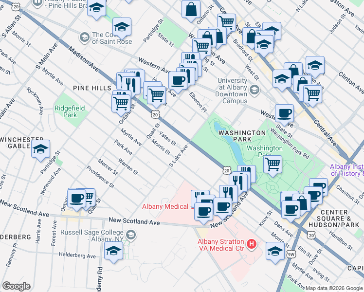 map of restaurants, bars, coffee shops, grocery stores, and more near 277 Morris Street in Albany