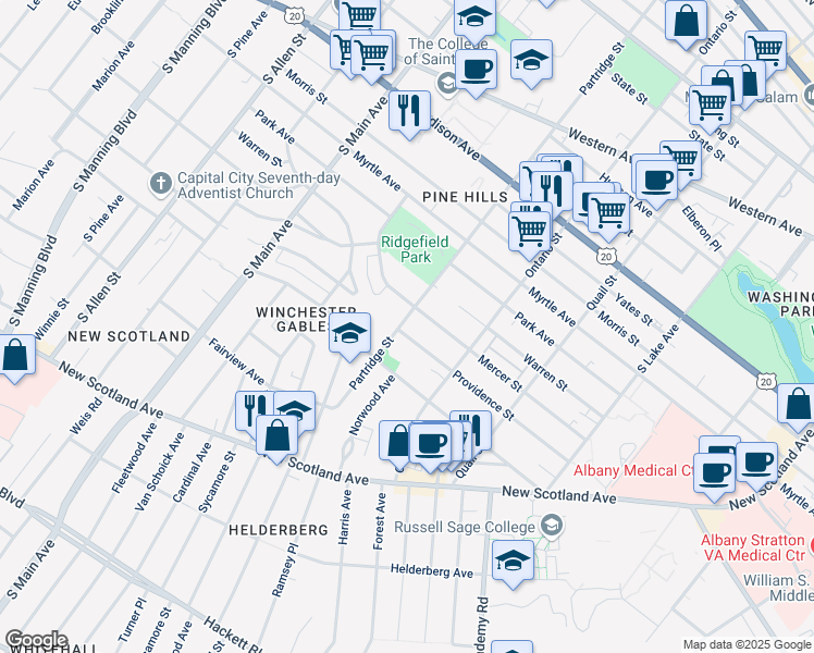 map of restaurants, bars, coffee shops, grocery stores, and more near 682 Providence Street in Albany