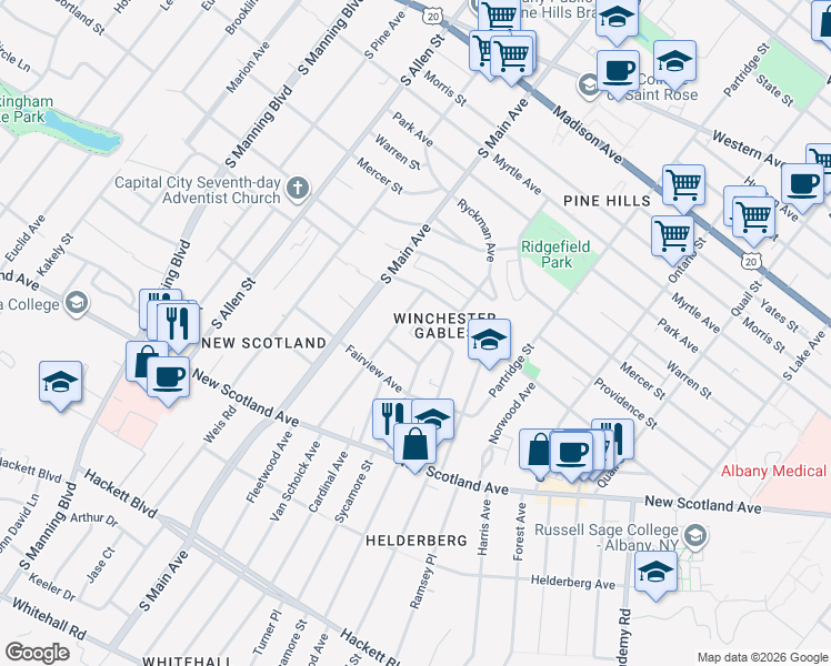 map of restaurants, bars, coffee shops, grocery stores, and more near 10 Barnet Street in Albany