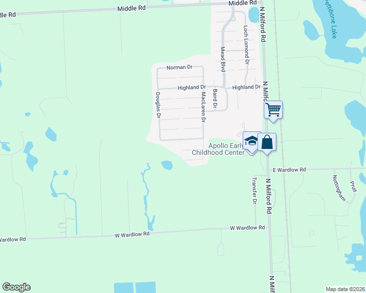 map of restaurants, bars, coffee shops, grocery stores, and more near 255 Sutherland Drive in Highland Charter Township