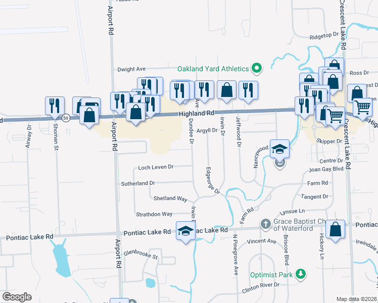 map of restaurants, bars, coffee shops, grocery stores, and more near 5738 Loch Leven Drive in Waterford Township