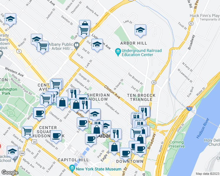 map of restaurants, bars, coffee shops, grocery stores, and more near 165 Clinton Avenue in Albany