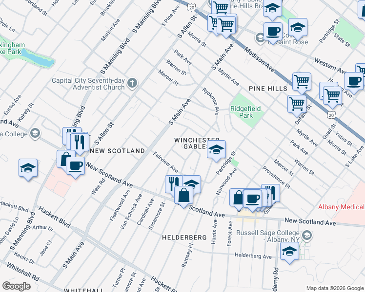 map of restaurants, bars, coffee shops, grocery stores, and more near 10 Barnet Street in Albany