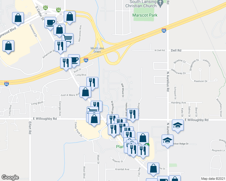 map of restaurants, bars, coffee shops, grocery stores, and more near 6826 Londal Circle in Lansing
