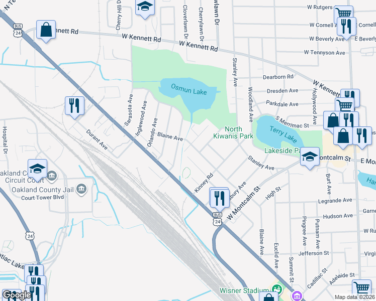 map of restaurants, bars, coffee shops, grocery stores, and more near 678 Cortwright Street in Pontiac