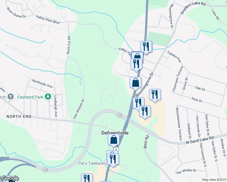 map of restaurants, bars, coffee shops, grocery stores, and more near 28 Oak Hill Circle in Rensselaer