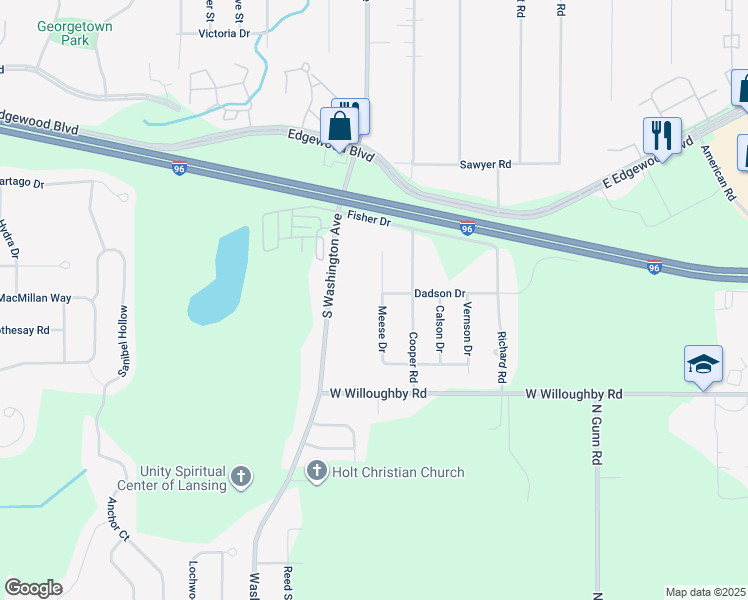 map of restaurants, bars, coffee shops, grocery stores, and more near 6824 Meese Drive in Lansing