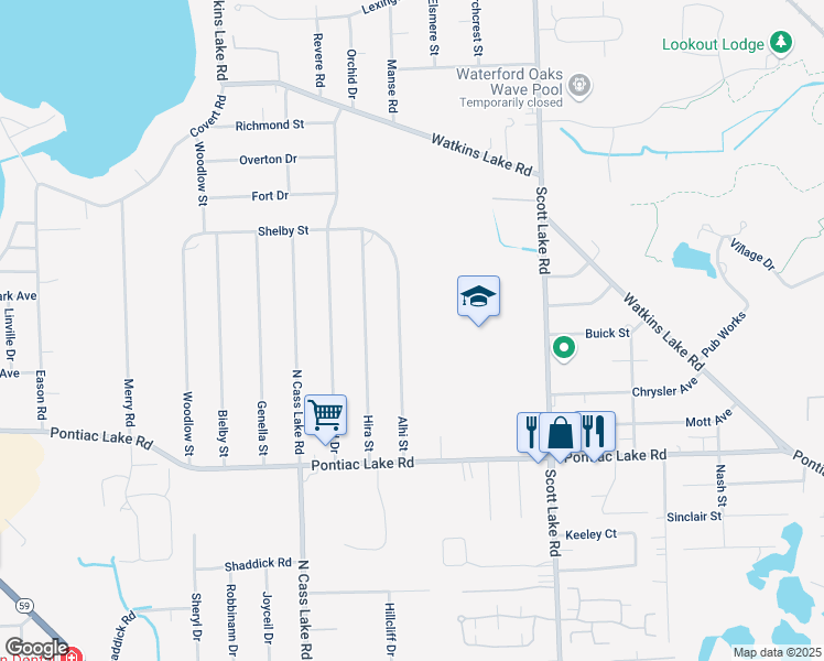 map of restaurants, bars, coffee shops, grocery stores, and more near 1298 Alhi Street in Waterford Township