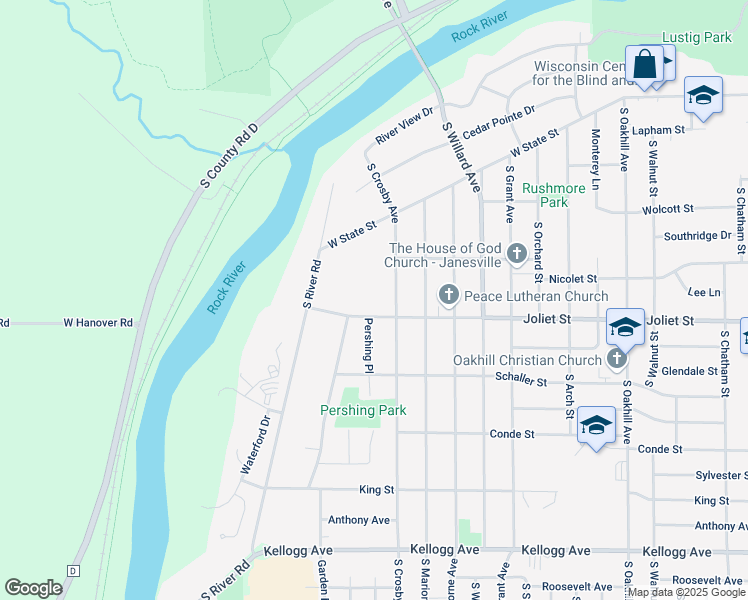 map of restaurants, bars, coffee shops, grocery stores, and more near 1518 South Crosby Avenue in Janesville