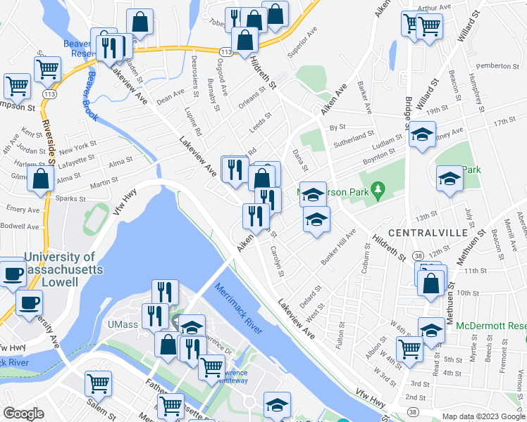 map of restaurants, bars, coffee shops, grocery stores, and more near 38 Aiken Avenue in Lowell