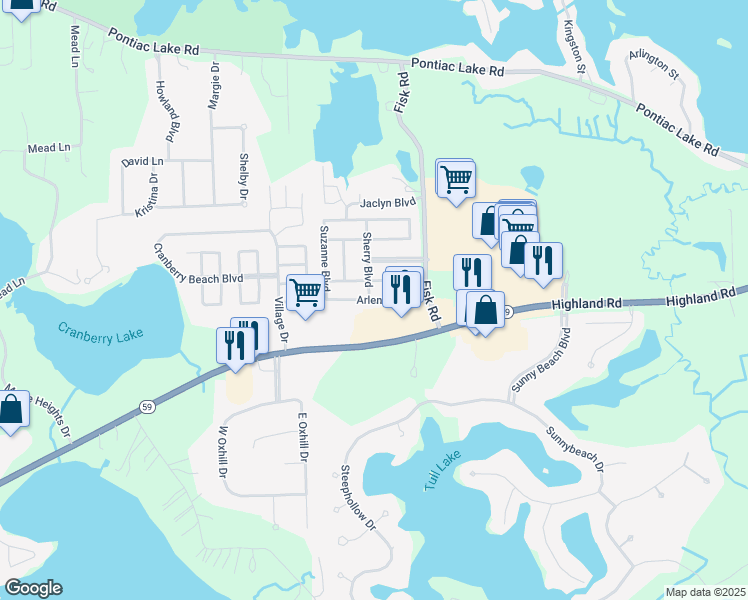 map of restaurants, bars, coffee shops, grocery stores, and more near 268 Arlene Court in White Lake charter Township