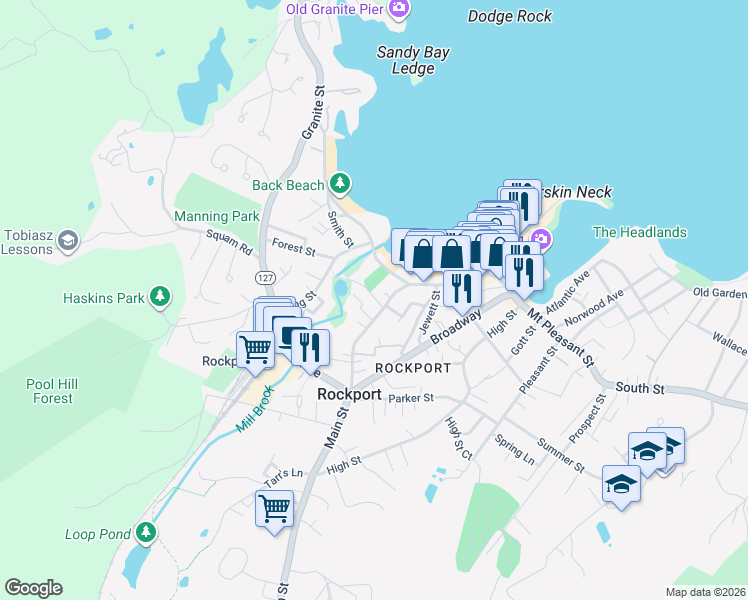 map of restaurants, bars, coffee shops, grocery stores, and more near 8 Beach Street in Rockport