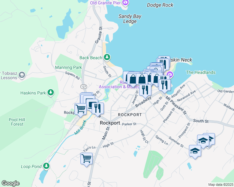 map of restaurants, bars, coffee shops, grocery stores, and more near 8 Beach Street in Rockport