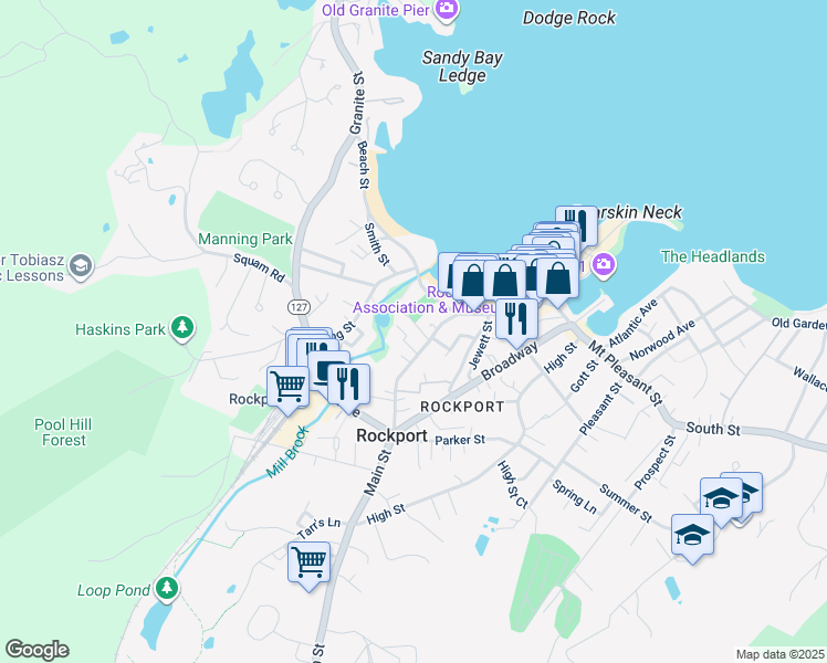 map of restaurants, bars, coffee shops, grocery stores, and more near 8 Beach Street in Rockport