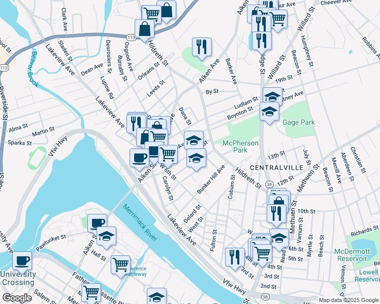 map of restaurants, bars, coffee shops, grocery stores, and more near 76 Lilley Avenue in Lowell
