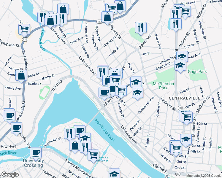 map of restaurants, bars, coffee shops, grocery stores, and more near 32 Exeter Street in Lowell