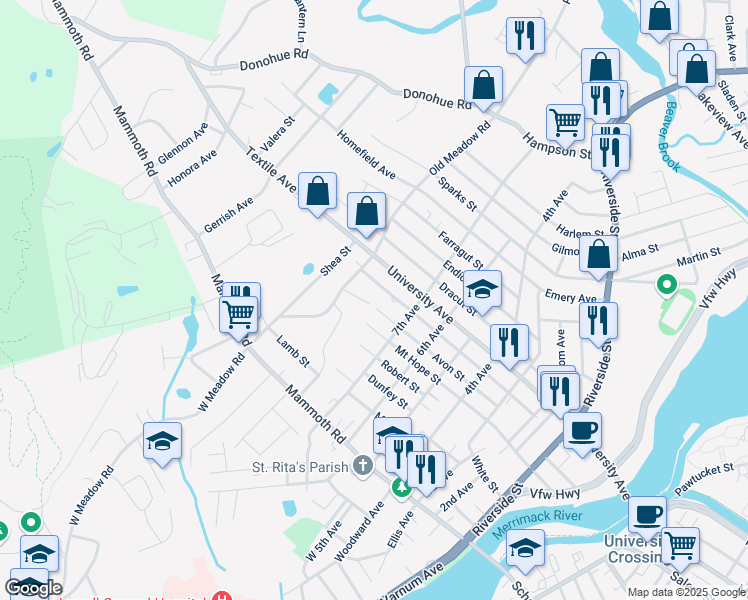 map of restaurants, bars, coffee shops, grocery stores, and more near 239 Crawford Street in Lowell