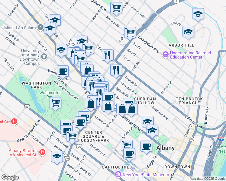 map of restaurants, bars, coffee shops, grocery stores, and more near 234 Spruce Street in Albany