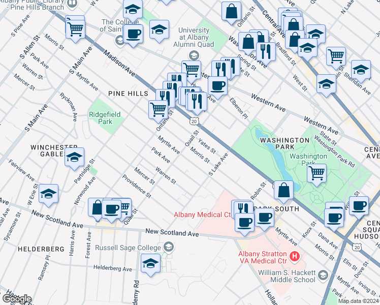 map of restaurants, bars, coffee shops, grocery stores, and more near 270 Quail Street in Albany