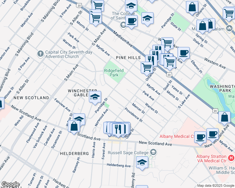 map of restaurants, bars, coffee shops, grocery stores, and more near 173 Ridgefield Street in Albany