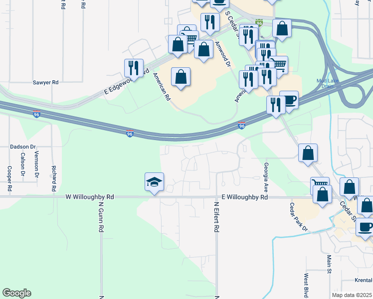 map of restaurants, bars, coffee shops, grocery stores, and more near Interstate 96 in Lansing