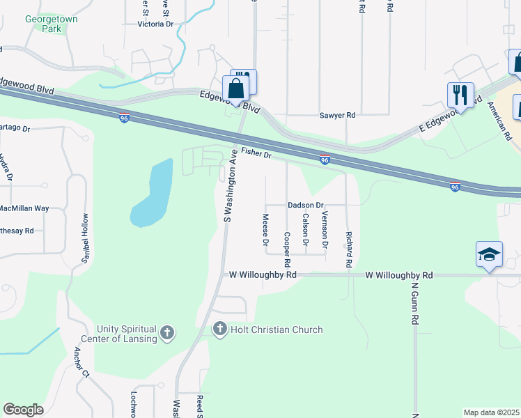 map of restaurants, bars, coffee shops, grocery stores, and more near 6824 Meese Drive in Lansing
