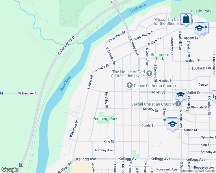 map of restaurants, bars, coffee shops, grocery stores, and more near 1518 South Crosby Avenue in Janesville