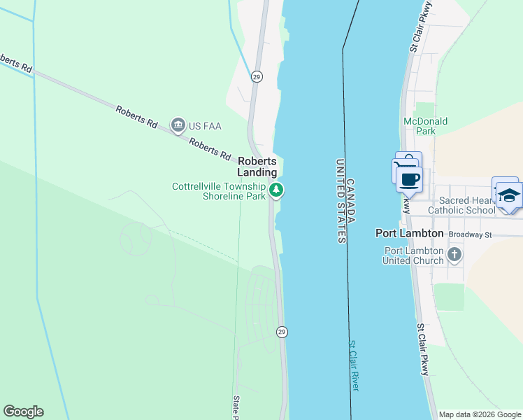 map of restaurants, bars, coffee shops, grocery stores, and more near 8548 River Road in Marine City