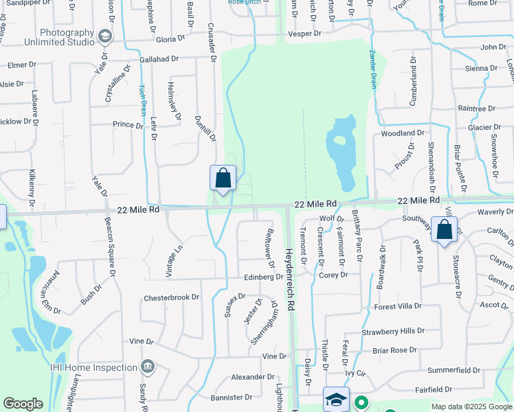 map of restaurants, bars, coffee shops, grocery stores, and more near 22 Mile Road in Macomb