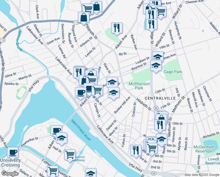 map of restaurants, bars, coffee shops, grocery stores, and more near 76 Lilley Avenue in Lowell