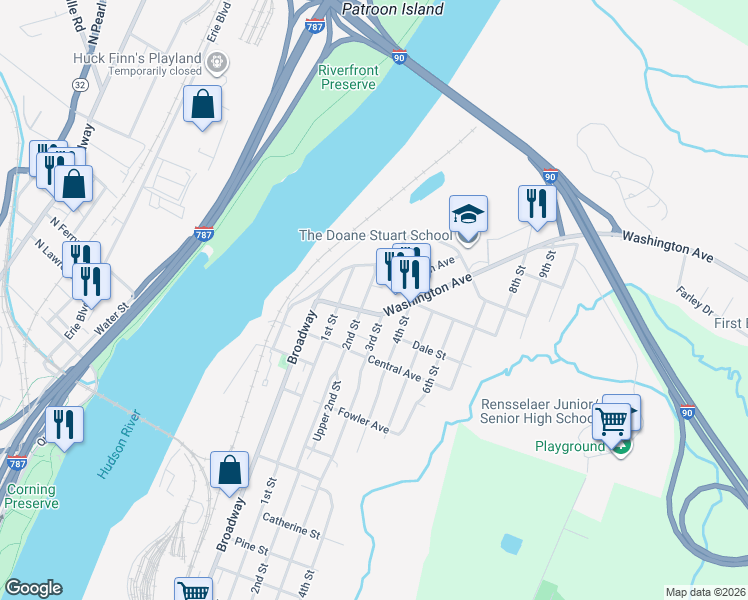 map of restaurants, bars, coffee shops, grocery stores, and more near 1712 2nd Street in Rensselaer