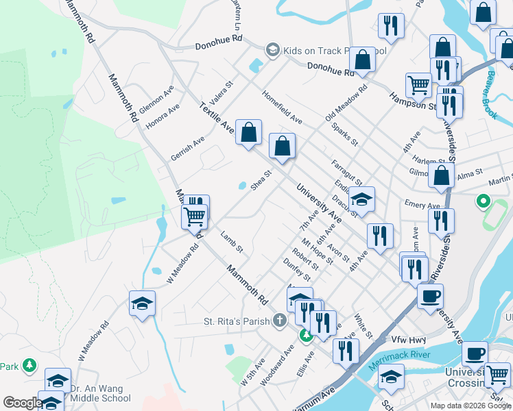 map of restaurants, bars, coffee shops, grocery stores, and more near 142 East Meadow Road in Lowell