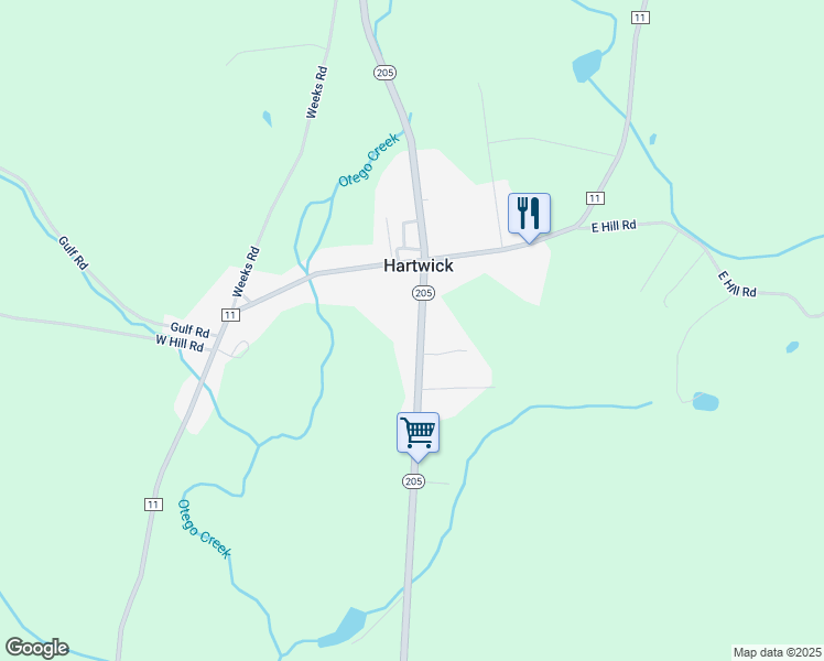 map of restaurants, bars, coffee shops, grocery stores, and more near 3567 New York 205 in Hartwick