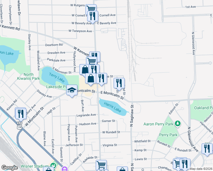 map of restaurants, bars, coffee shops, grocery stores, and more near 767 Young Street in Pontiac